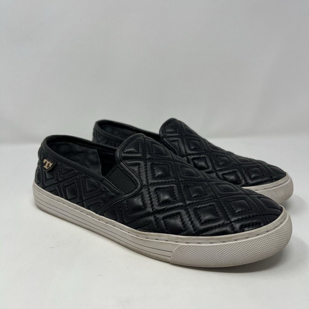 Tory Burch Jesse Quilted Napa Leather Sneaker Black Gold Logo Size 6.5